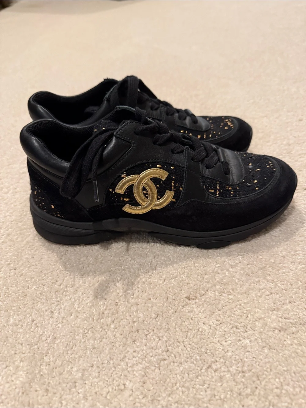 Chanel Tweed Velour and Leather Sneakers